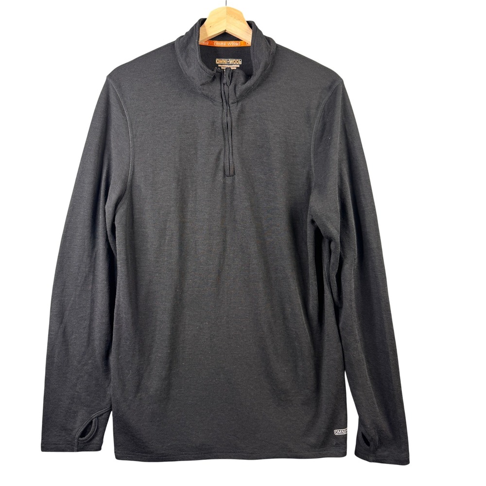 Omni-Wool‎ Mens Large 1/4 Zip Pullover Charcoal Gray Wool Blend Thumbholes